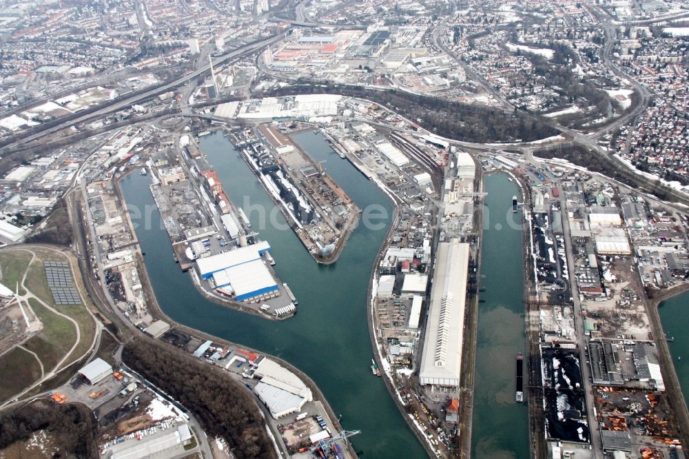 Aerial image Karlsruhe - The port Rheinhafen of the city Karlsruhe in the state Baden-Wuerttemberg. The inland harbor provides access to the river Rhine and consists of six basins. It is operated by KVVH, short term for Karlsruher Versorgungs-, Verkehrs- und Hafen GmbH