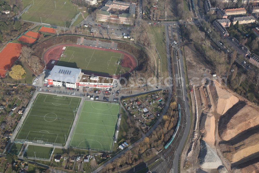 Frankfurt am Main from above - Riederwaldstadion in Frankfurt am Main in Hesse. The stadium at Riederwald served to Eintracht Frankfurt as a training facility. Ahead of the stadium the sports performance center of Eintracht Frankfurt