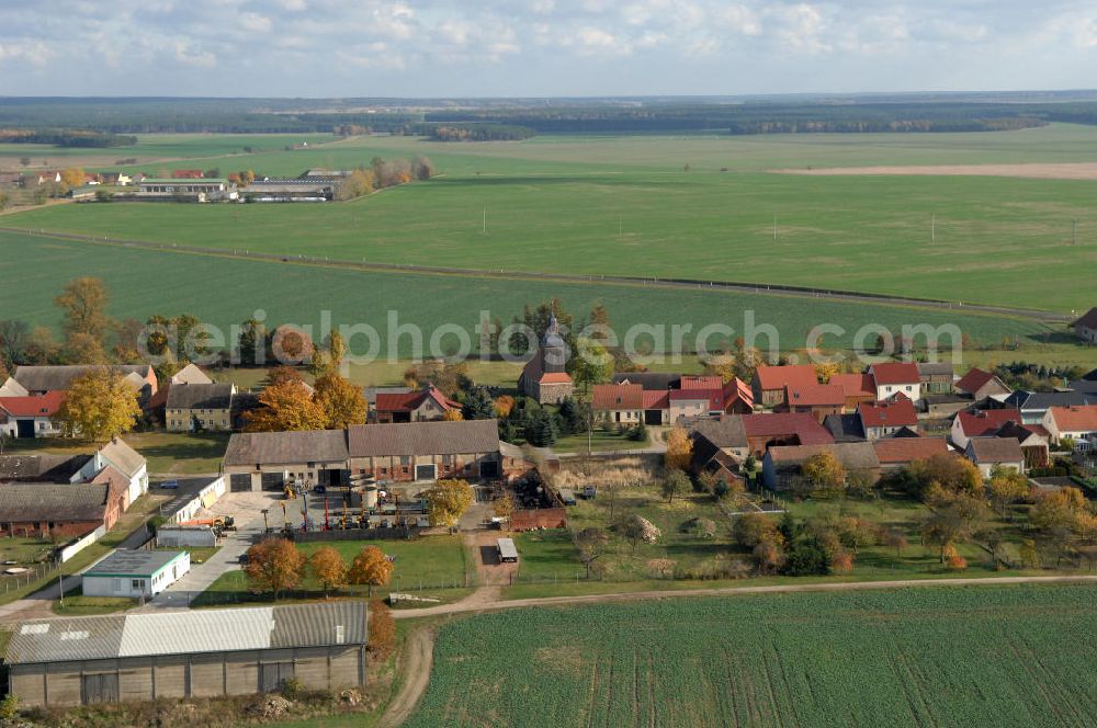 Aerial photograph Niederer Fläming - Blick auf den Ortsteil Riesdorf der Brandenburger Gemeinde Niederer Fläming im Landkreis Teltow-Fläming. Das Wahrzeichen des Dorfes ist die Dorfkirche, die ein rechteckiger spätgotischer Feldsteinbau aus dem 17. Jahrhundert ist.