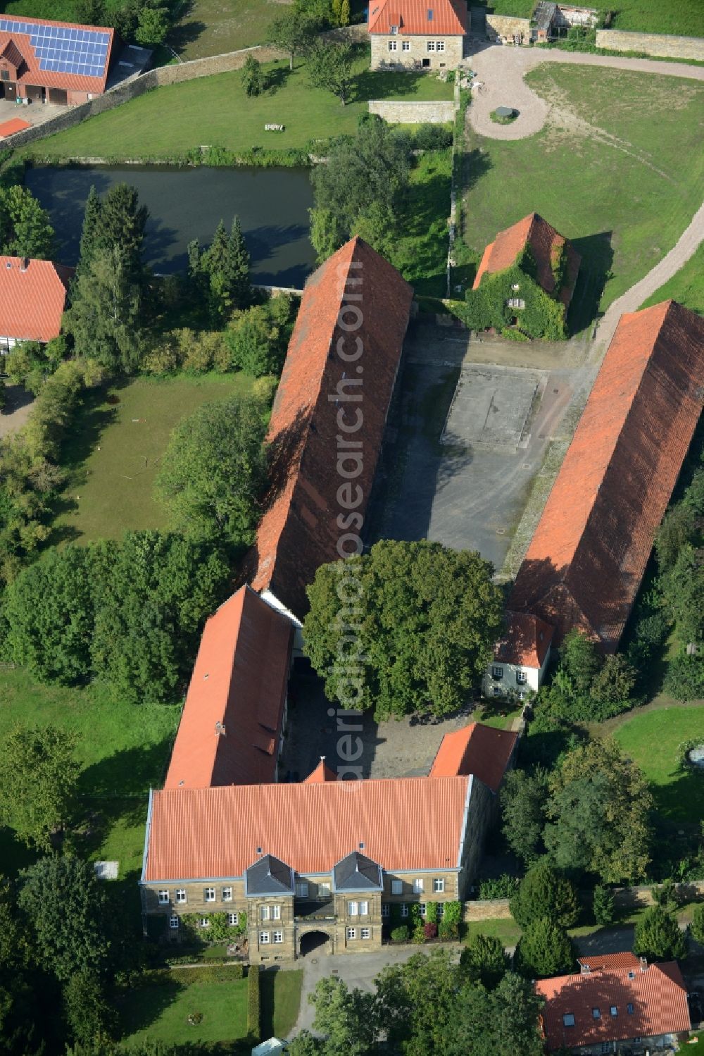 Stemmen from the bird's eye view: View on the mansion of Jahn Friedrich Freiherr von Roessing in Stemmen in the state Lower Saxony. The building is used for celebrations and events