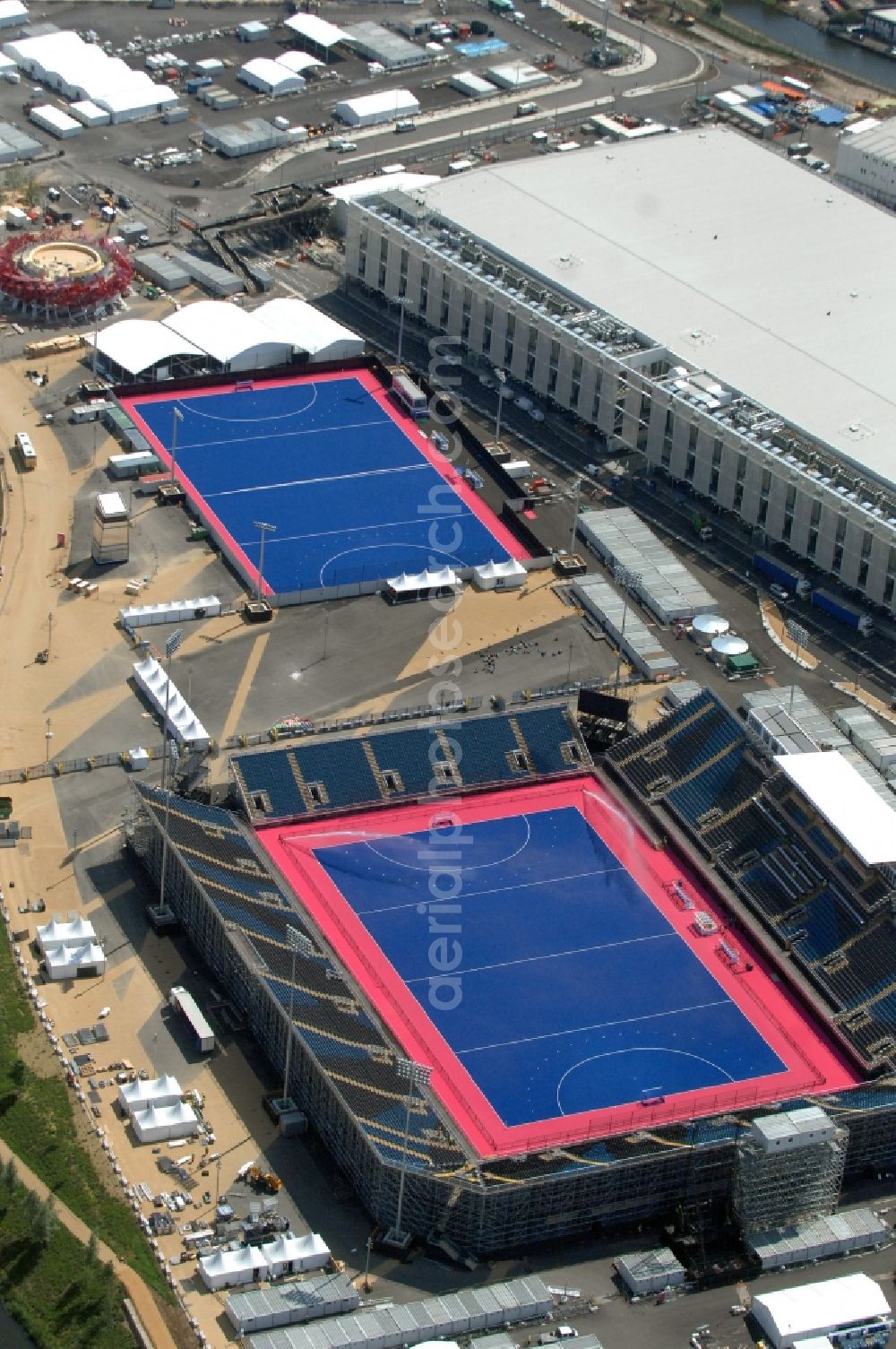 London from the bird's eye view: Hockey field Riverbank Arena in Olympic Park one of the Olympic and Paralympic venues for the 2012 Games in Great Britain