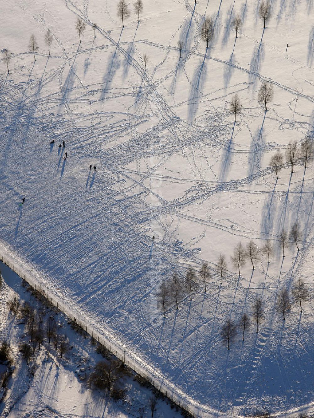 Bottrop from above - Blick auf den winterlich, schneebedeckten Rodelberg des Prosper-Park in Bottrop, Nordrhein-Westfalen. Der Berg ist Teil des Parks, der verfügt über 11 Hektar Grün- und Freiraum. View of the toboggan hill of the Prosper Park in Bottrop, North Rhine-Westphalia. The park has 11 hectare of green and open space.