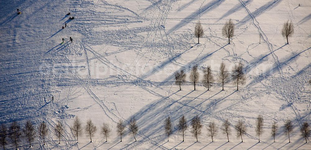 Aerial photograph Bottrop - Blick auf den winterlich, schneebedeckten Rodelberg des Prosper-Park in Bottrop, Nordrhein-Westfalen. Der Berg ist Teil des Parks, der verfügt über 11 Hektar Grün- und Freiraum. View of the toboggan hill of the Prosper Park in Bottrop, North Rhine-Westphalia. The park has 11 hectare of green and open space.