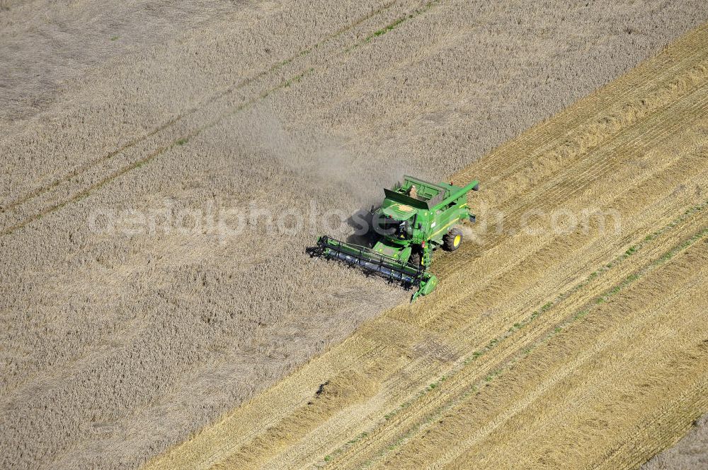 Beesenstedt from above - Mähdrescher beim Einsatz zur Herbsternte. Roggenernte in der Nähe von Beesenstedt. Harvest of rye near Beesenstedt.