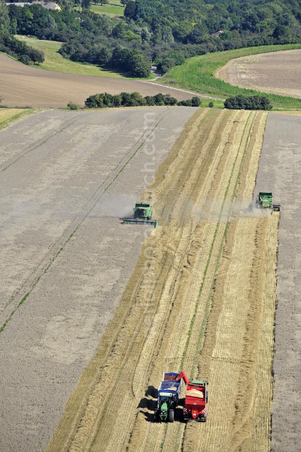 Beesenstedt from above - Mähdrescher beim Einsatz zur Herbsternte. Roggenernte in der Nähe von Beesenstedt. Harvest of rye near Beesenstedt.