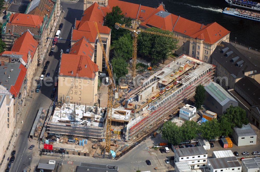 Berlin from above - View of the shell of the Archaeological Center. The building was built according to plans by the Harris + Kurrle Architekten BDA. Construction company is Bateg construction