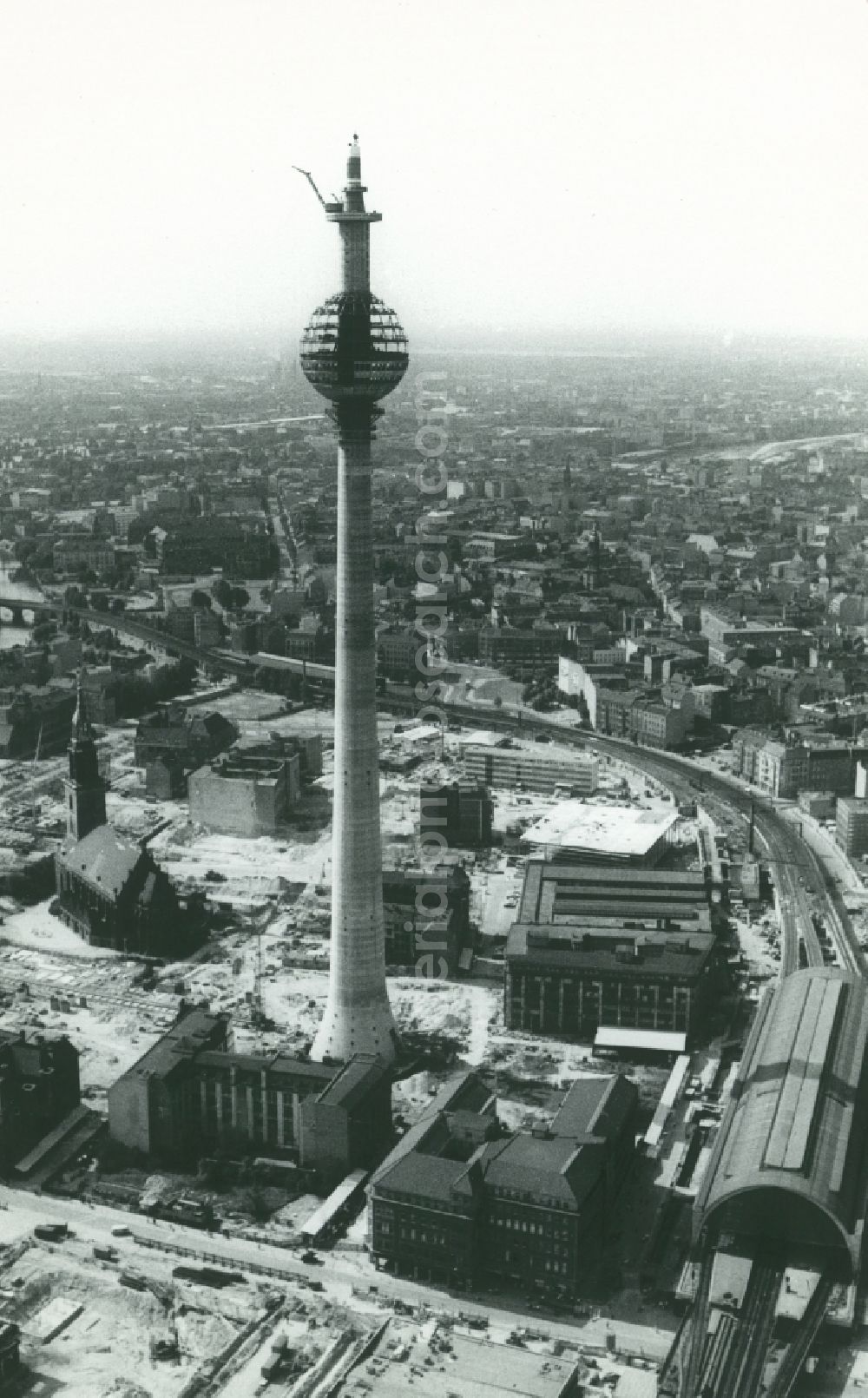 Berlin from above - Construction of the Berlin TV tower at Alexanderplatz in Berlin-Mitte