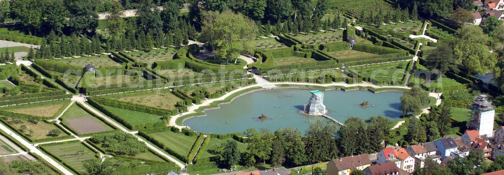 Aerial image Würzburg - Blick auf den Rokokogarten des Schlosses Veitshöchheim bei Würzburg. Der Park wurde 1760 angelegt. Er ist mit Brunnen, etwa 300 Sandsteinskulpturen sowie zahlreichen Wasserspielen ausgestattet und ist eine der wenigen Anlagen im französischen Rokokostil in Deutschland, die noch erhalten sind. View of the Rococo Garden of the Castle Veitshöchheim in Würzburg. The park was created in 1760. It is equipped with fountains, some 300 sandstone sculptures and numerous water features and is one of the few facilities in the French rococo style in Germany, which still exist.