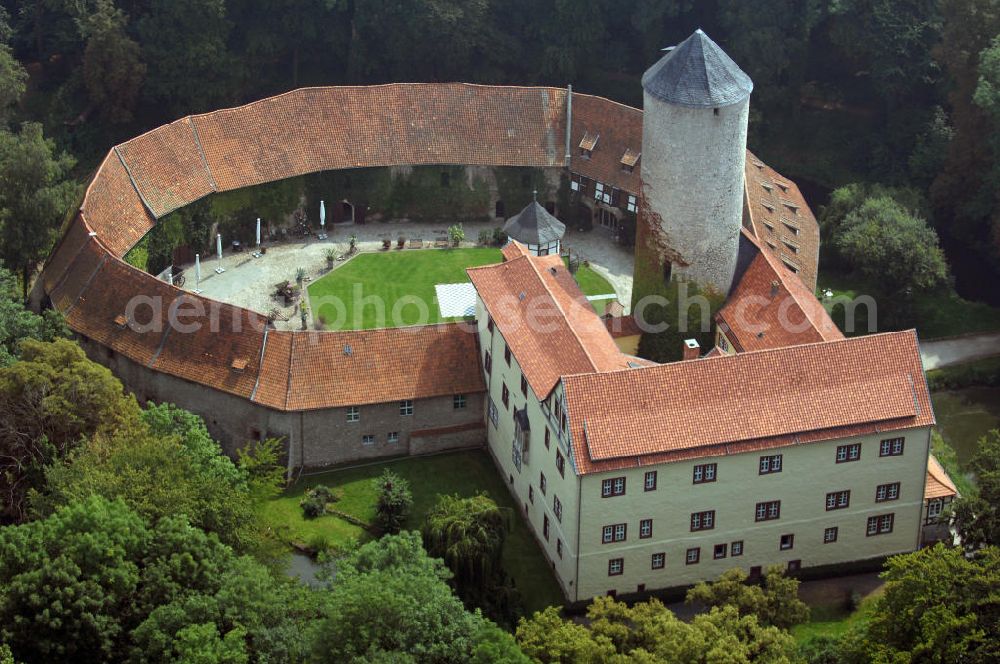 Dedeleben-Westerburg from the bird's eye view: Blick auf die seit Juni 2000 als Hotel umgebaute Westerburg. Sie ist die älteste und besterhaltene Wasserburg Deutschlands und Teil der Strasse der Romanik. Telefon: 0(49)39422-955-0; Fax: 0(49)39422-955-66; e-mail: lerche@hotel-westerburg.de Dedeleben-Westerburg 2007/08/07 This building is the oldest well-preserved moated castle in Germany. In June 2000 the Westerburg was altered into a hotel. It is part of the Strasse der Romanik.