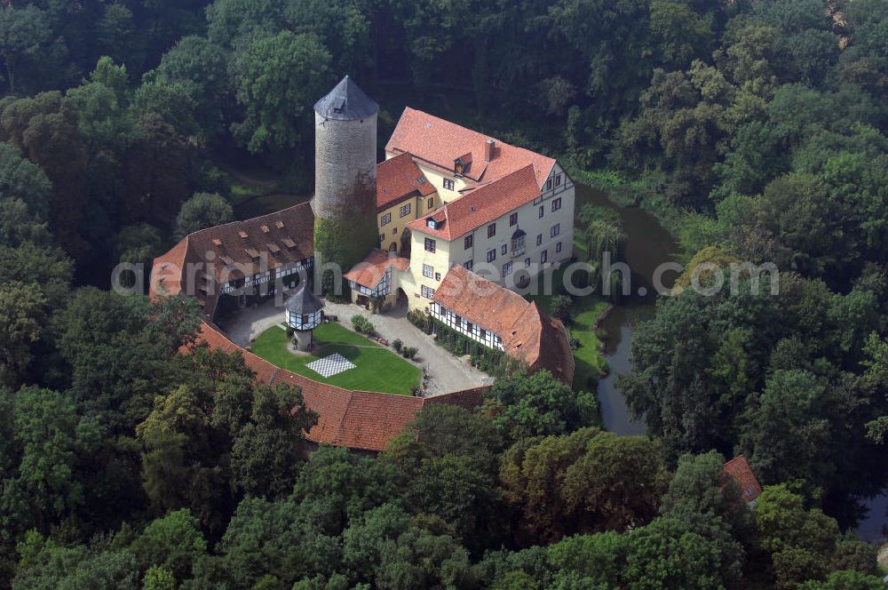 Aerial photograph Dedeleben-Westerburg - Blick auf die seit Juni 2000 als Hotel umgebaute Westerburg. Sie ist die älteste und besterhaltene Wasserburg Deutschlands und Teil der Strasse der Romanik. Telefon: 0(49)39422-955-0; Fax: 0(49)39422-955-66; e-mail: lerche@hotel-westerburg.de Dedeleben-Westerburg 2007/08/07 This building is the oldest well-preserved moated castle in Germany. In June 2000 the Westerburg was altered into a hotel. It is part of the Strasse der Romanik.