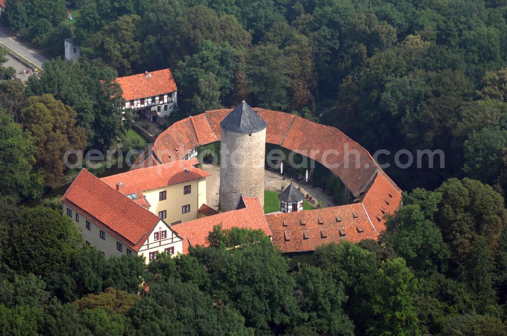 Aerial photograph Dedeleben-Westerburg - Blick auf die seit Juni 2000 als Hotel umgebaute Westerburg. Sie ist die älteste und besterhaltene Wasserburg Deutschlands und Teil der Strasse der Romanik. Telefon: 0(49)39422-955-0; Fax: 0(49)39422-955-66; e-mail: lerche@hotel-westerburg.de Dedeleben-Westerburg 2007/08/07 This building is the oldest well-preserved moated castle in Germany. In June 2000 the Westerburg was altered into a hotel. It is part of the Strasse der Romanik.