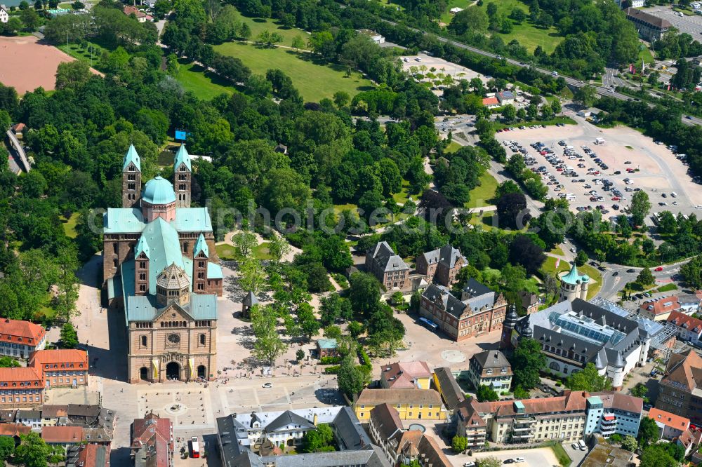 Speyer from above - Romanic Cathedral Dom zu Speyer on place Domplatz in Speyer in the state Rhineland-Palatinate, Germany