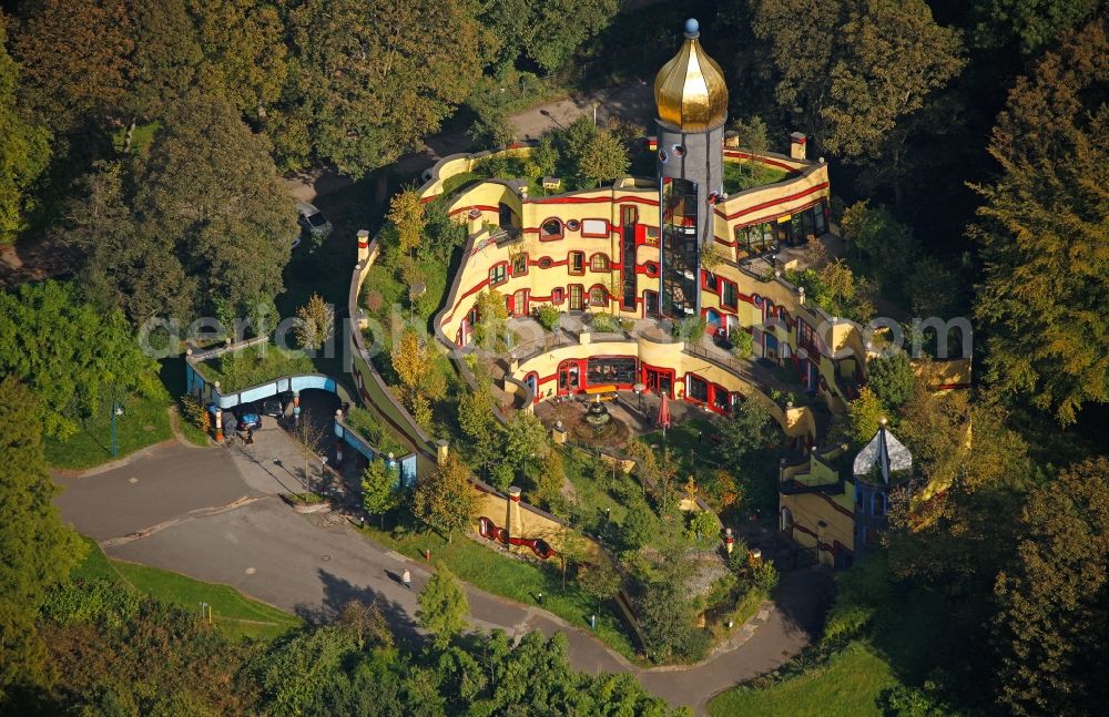 Essen from above - View of the Ronald McDonald House designed by Friedensreich Hundertwasser in Grugapark in Essen in North Rhine-Westphalia