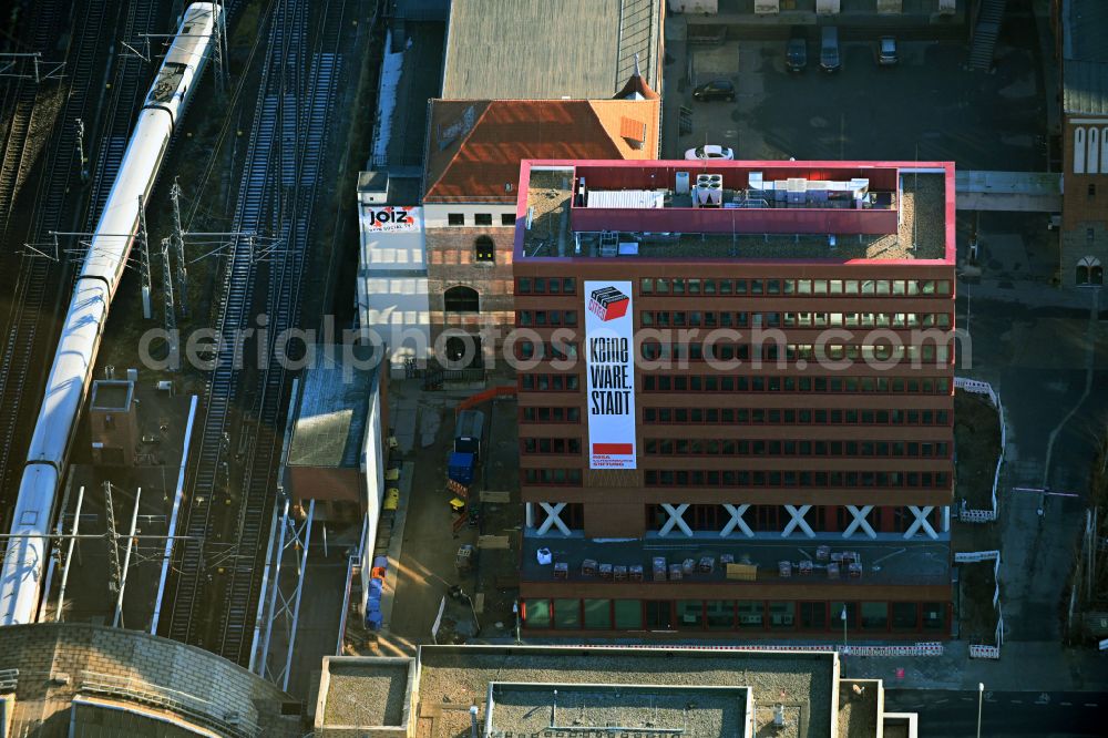 Aerial photograph Berlin - Construction site for the new building of Rosa-Luxemburg-Stiftung Am Postbahnhof on street Strasse der Pariser Kommune in the district Friedrichshain in Berlin, Germany