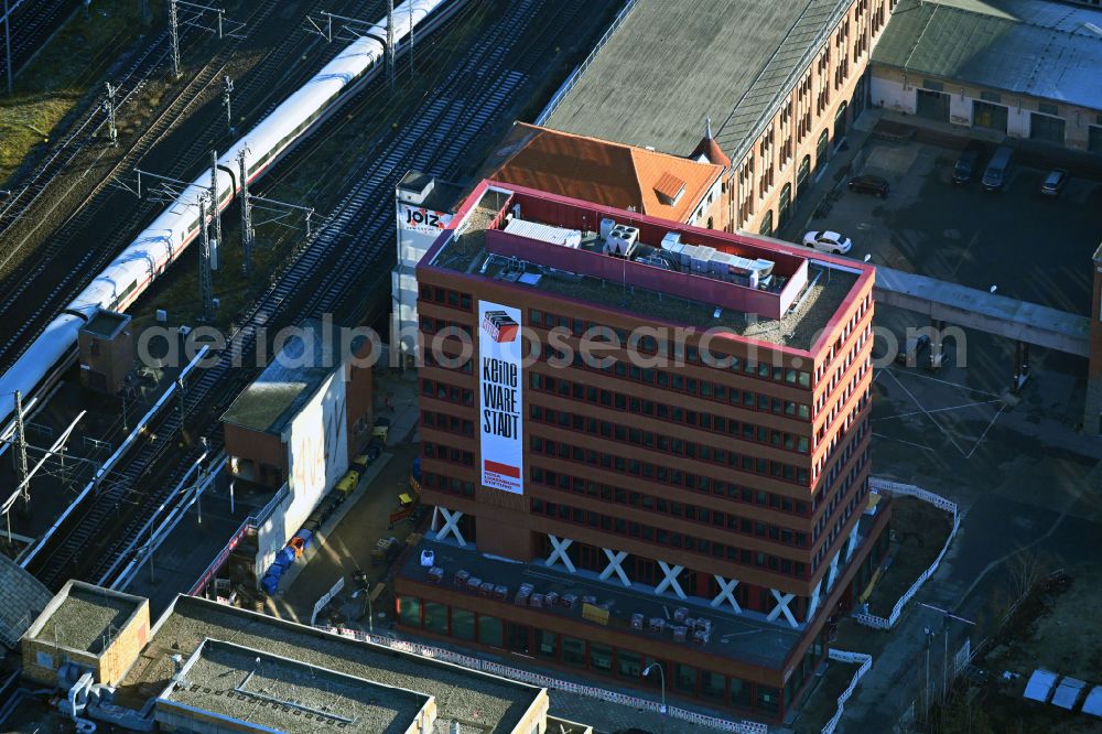 Berlin from above - Construction site for the new building of Rosa-Luxemburg-Stiftung Am Postbahnhof on street Strasse der Pariser Kommune in the district Friedrichshain in Berlin, Germany