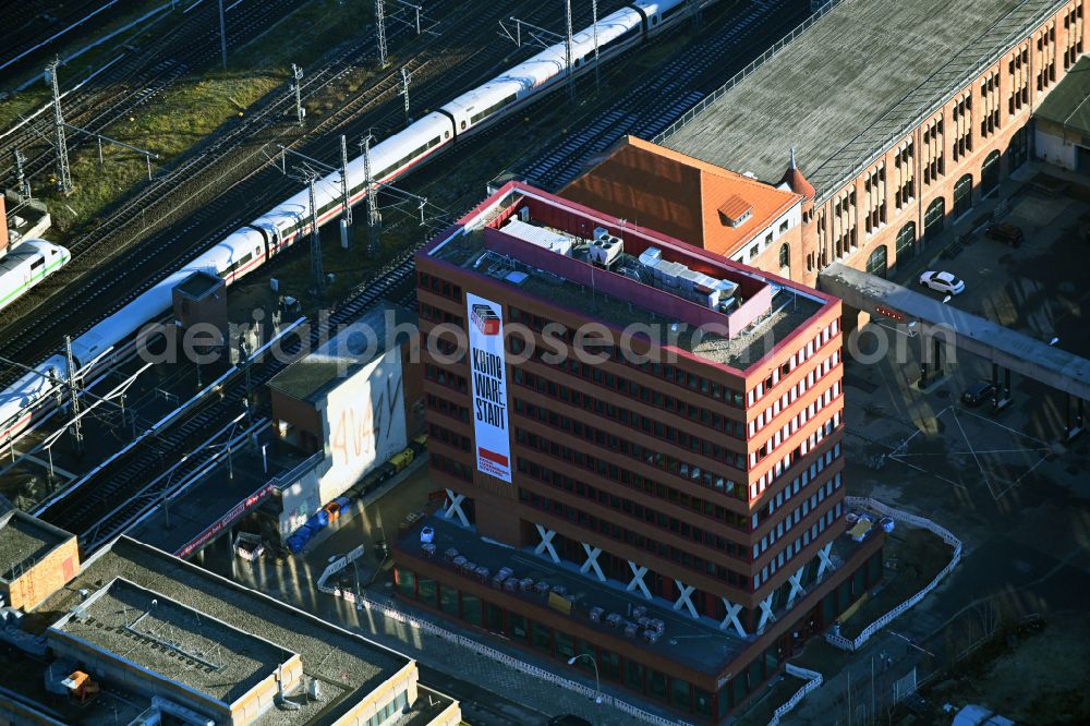 Berlin from the bird's eye view: Construction site for the new building of Rosa-Luxemburg-Stiftung Am Postbahnhof on street Strasse der Pariser Kommune in the district Friedrichshain in Berlin, Germany