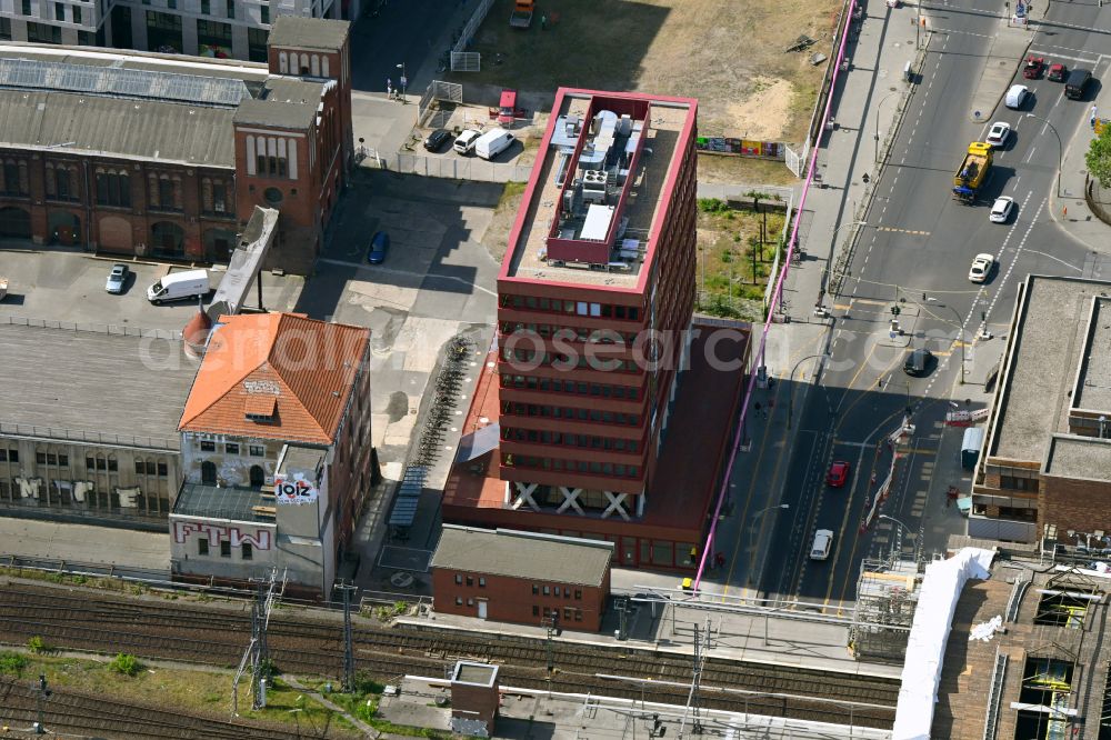 Berlin from above - Construction site for the new building of Rosa-Luxemburg-Stiftung Am Postbahnhof on street Strasse der Pariser Kommune in the district Friedrichshain in Berlin, Germany