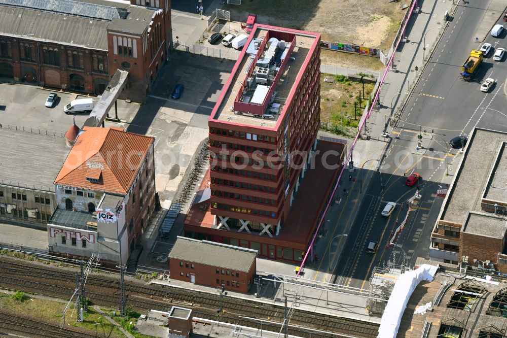Berlin from the bird's eye view: Construction site for the new building of Rosa-Luxemburg-Stiftung Am Postbahnhof on street Strasse der Pariser Kommune in the district Friedrichshain in Berlin, Germany