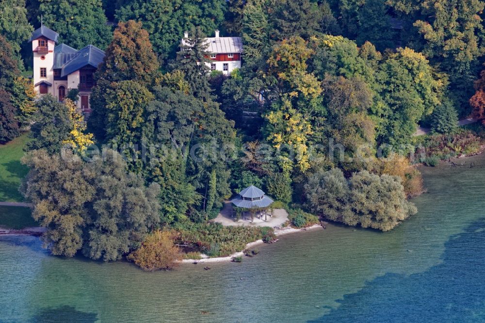 Aerial image Feldafing - The Rose Island in Lake Starnberg in the district Woerth belongs to the municipality Feldafing in in the state Bavaria. On the island, the former summer residence of King Maximilian II with the Rosarium. Underwater Archaeological Finds belong to the UNESCO World Heritage Site