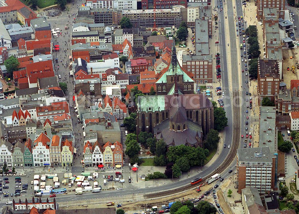 Rostock from the bird's eye view: View the old town of Rostock. The most prominent building next to the market, the St. Mary's Church. This monument was built from 1260 as a church hall