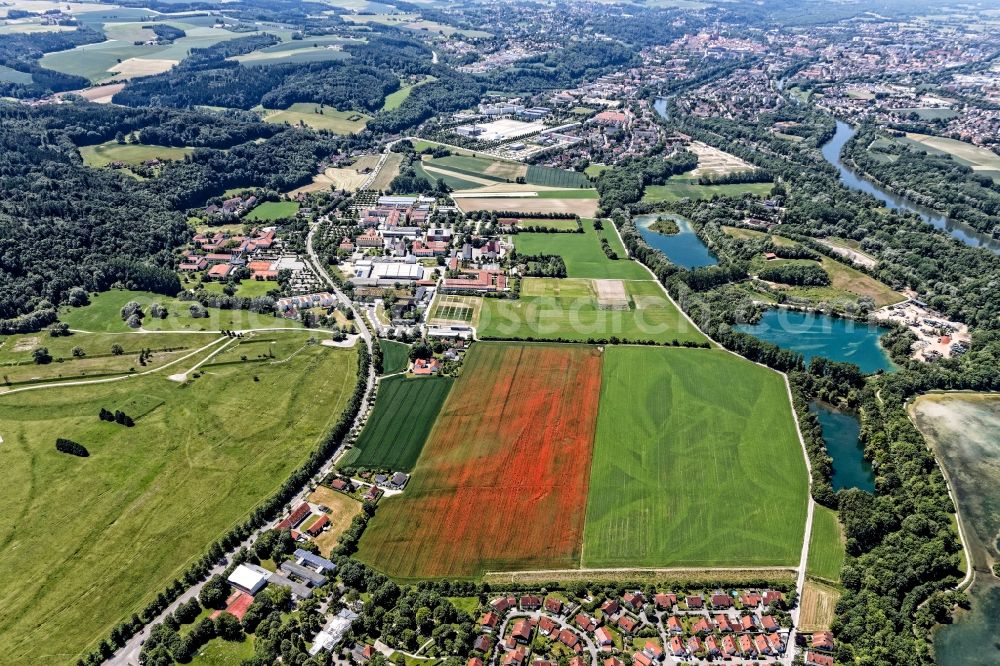 Landshut from above - Red green poppy field on the outskirts of Landshut in Bavaria