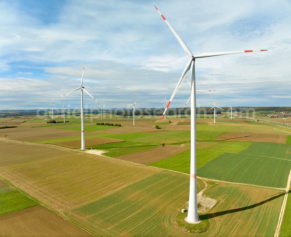 Bermaringen from above - Wind energy plant - wind turbines - on a field next to the motorway BAB A8 in Bermaringen Swabian Alb in the state of Baden-Wuerttemberg, Germany