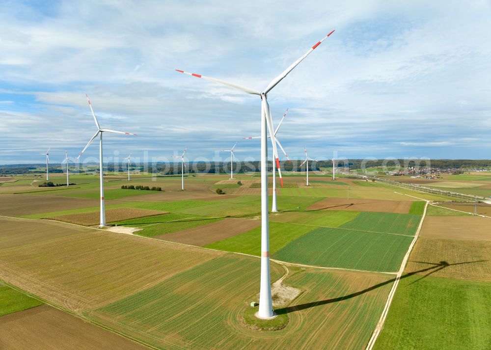 Bermaringen from the bird's eye view: Wind energy plant - wind turbines - on a field next to the motorway BAB A8 in Bermaringen Swabian Alb in the state of Baden-Wuerttemberg, Germany