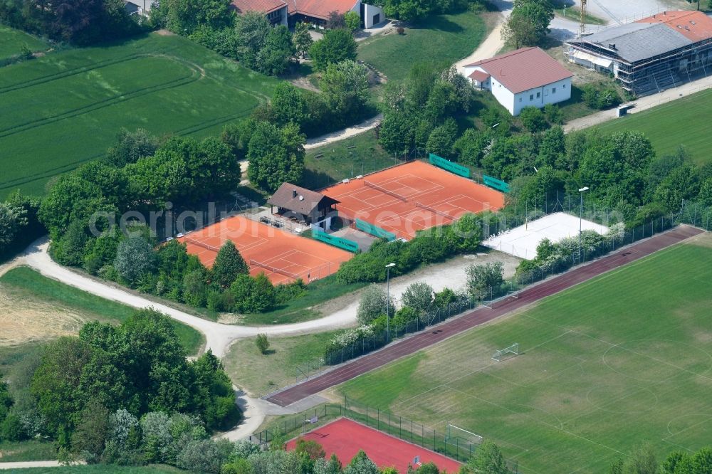 Hilgertshausen-Tandern from above - Tennis court sports field of TSV Hilgertshausen on Eichenstrasse in Hilgertshausen-Tandern in the state Bavaria, Germany