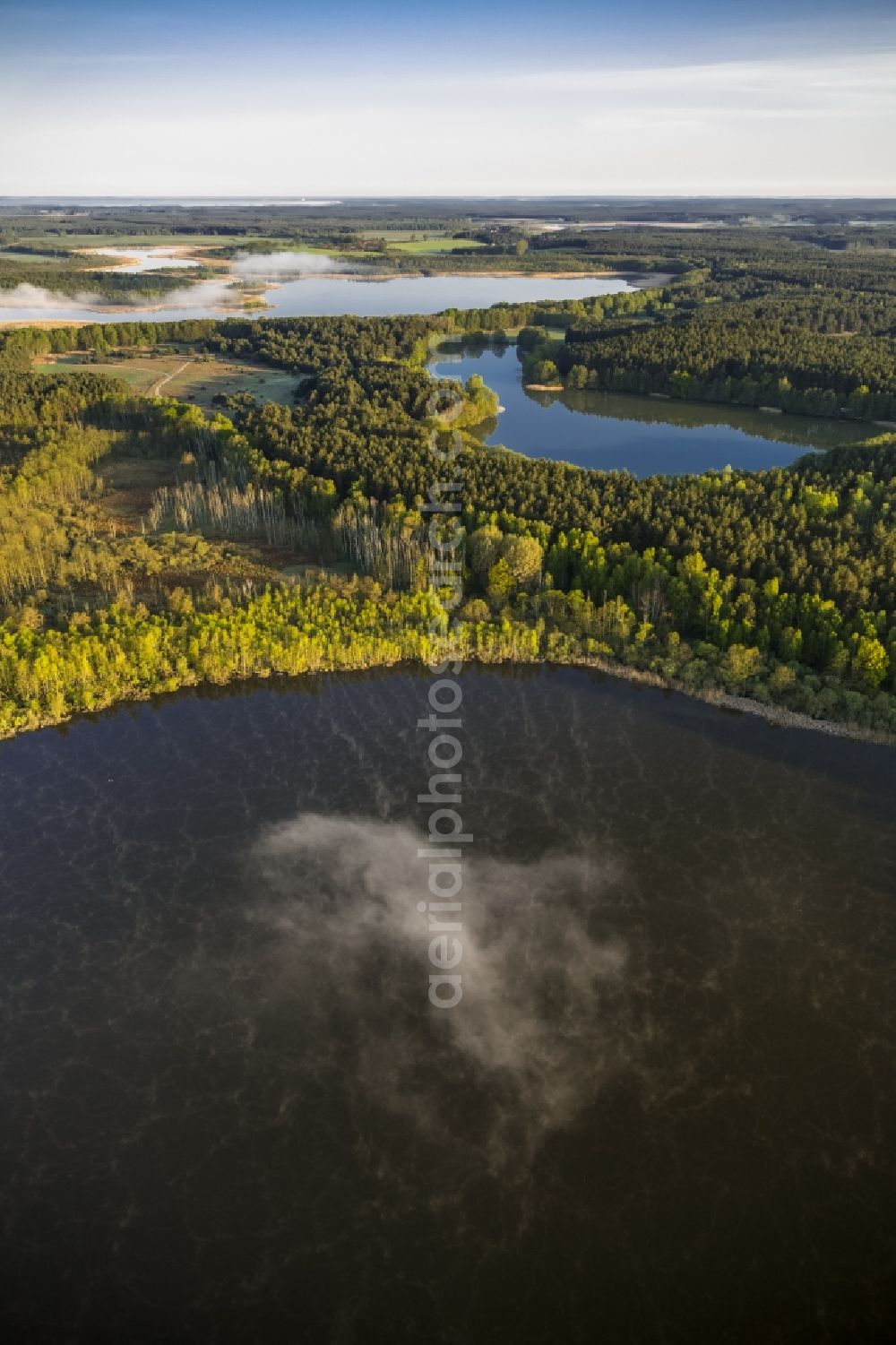 Aerial photograph Roggentin - View of Red Lake, Jamelsee and Jaethensee at sunrise with fog. Are lakes of the Mecklenburg Lake District, Mecklenburg-Western Pomerania, Germany