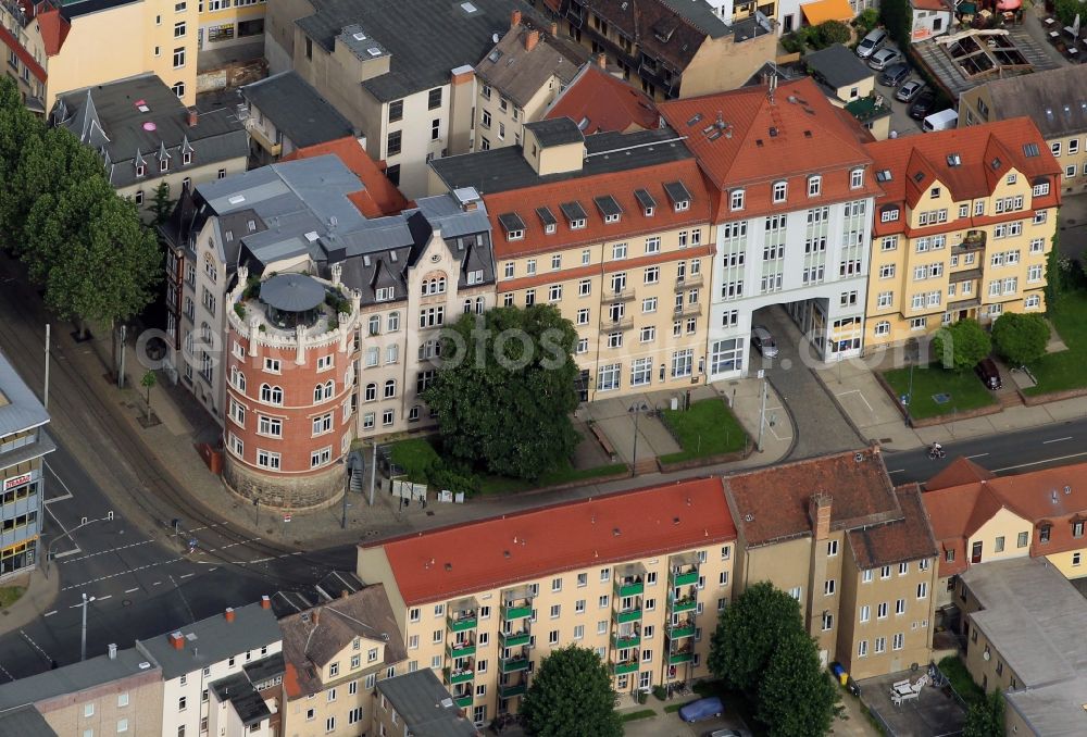 Aerial image Jena - The Loebdergraben in Jena in Thuringia follows the former course of the Jena city wall. On the base of a city tower from the middle ages was the Red Tower, built a residential tower