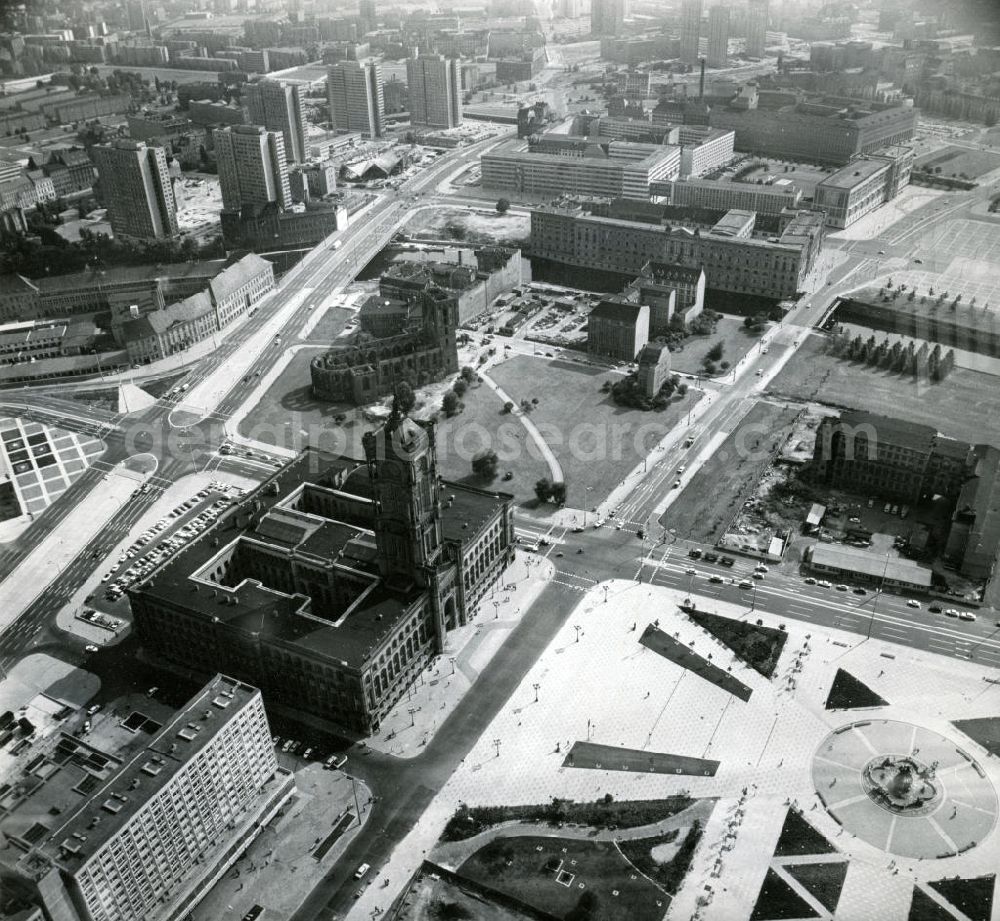 Berlin from above - Blick auf das Rote Rathaus und Nikolaiviertel in Berlin-Mitte. View of the city hall Rotes Rathaus and Nikolaiviertel (Nikolai Quarter) in Berlin-Mitte.