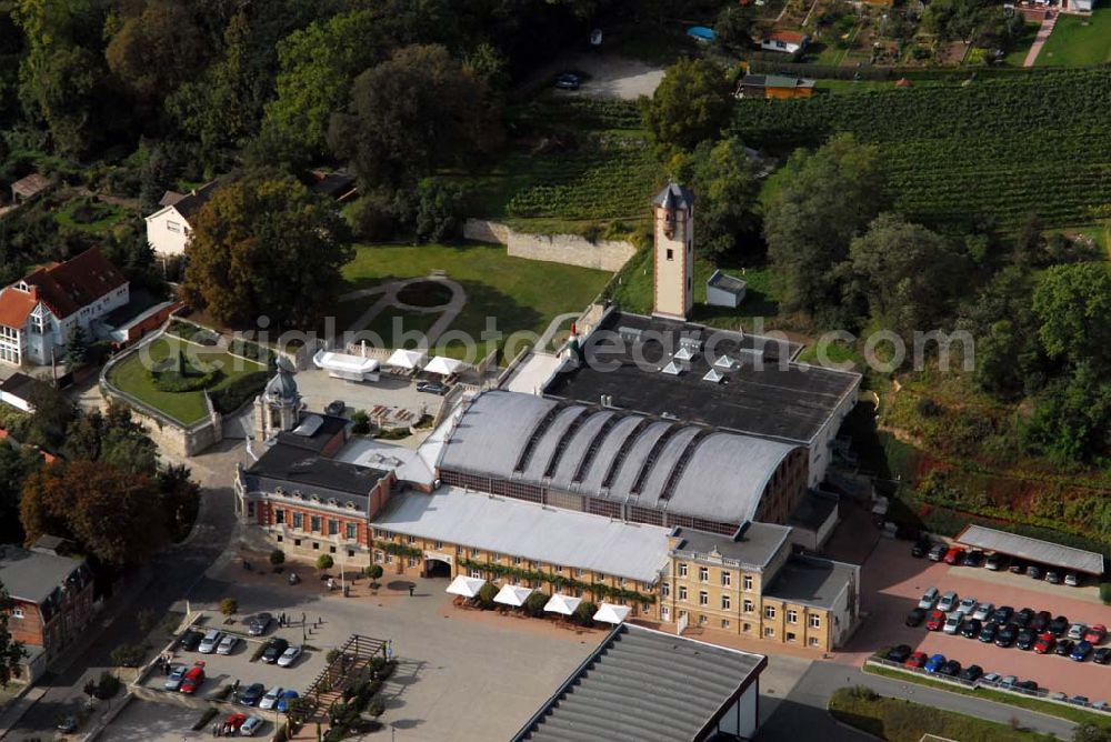 Aerial image Freyburg/Unstrut - Blick auf die Rotkäppchen Sektkellerei, dem Hauptsitz der Rotkäppchen-Mumm Sektkellereien GmbH. Die früheren Produktionsanlagen, zu denen auch mit 120.000 Liter Fassungsvermögen eines der größten Eichenfässer der Welt gehört, werden bei Führungen gezeigt und sowohl der überdachte Lichthof der alten Produktionsstätten wie auch der Kabarettkeller stellen das kulturelle Zentrum Freyburgs dar. Kontakt: Rotkäppchen Sektkellerei GmbH, Sektkellereistrasse 5, 06632 Freyburg/Unstrut; Telefon: +49 (0) 34464 - 34 0