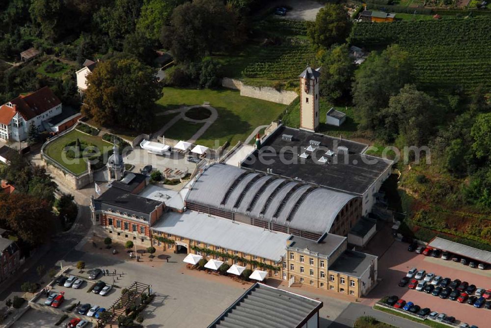 Aerial photograph Freyburg/Unstrut - Blick auf die Rotkäppchen Sektkellerei, dem Hauptsitz der Rotkäppchen-Mumm Sektkellereien GmbH. Die früheren Produktionsanlagen, zu denen auch mit 120.000 Liter Fassungsvermögen eines der größten Eichenfässer der Welt gehört, werden bei Führungen gezeigt und sowohl der überdachte Lichthof der alten Produktionsstätten wie auch der Kabarettkeller stellen das kulturelle Zentrum Freyburgs dar. Kontakt: Rotkäppchen Sektkellerei GmbH, Sektkellereistrasse 5, 06632 Freyburg/Unstrut; Telefon: +49 (0) 34464 - 34 0