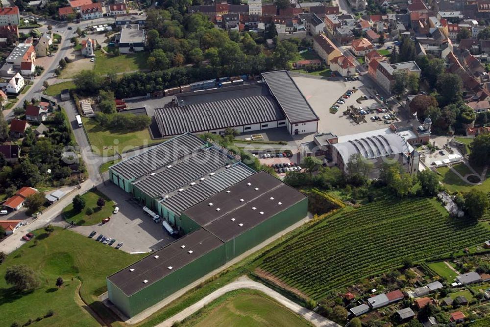 Freyburg/Unstrut from the bird's eye view: Blick auf die Rotkäppchen Sektkellerei, dem Hauptsitz der Rotkäppchen-Mumm Sektkellereien GmbH. Kontakt: Rotkäppchen Sektkellerei GmbH, Sektkellereistrasse 5, D-06632 Freyburg/Unstrut; Telefon: +49 (0) 34464 - 34 0