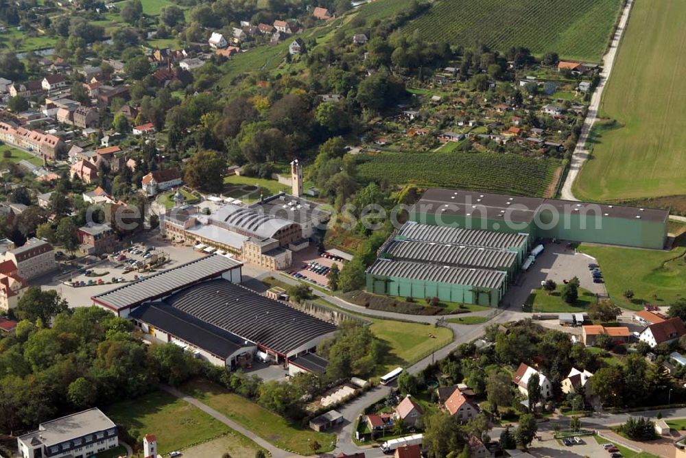 Aerial photograph Freyburg/Unstrut - Blick auf die Rotkäppchen Sektkellerei, dem Hauptsitz der Rotkäppchen-Mumm Sektkellereien GmbH. Kontakt: Rotkäppchen Sektkellerei GmbH, Sektkellereistrasse 5, D-06632 Freyburg/Unstrut; Telefon: +49 (0) 34464 - 34 0