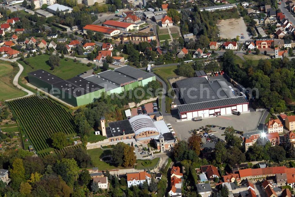 Aerial photograph Freyburg/Unstrut - Blick auf die Rotkäppchen Sektkellerei, dem Hauptsitz der Rotkäppchen-Mumm Sektkellereien GmbH. Kontakt: Rotkäppchen Sektkellerei GmbH, Sektkellereistrasse 5, D-06632 Freyburg/Unstrut; Telefon: +49 (0) 34464 - 34 0