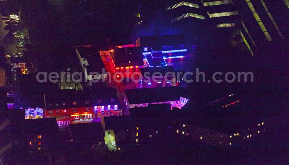 Aerial image Bochum - Nachtluftbild vom Areal des Rotlichtviertel Bochumer Eierberg im Bochumer Stadtteil Ehrenfeld. Im Winkel in Bochum bildet zusammen mit der Gußstahlstraße das Rotlichtviertel Bochums. Die Ansammlung von Bordellen ist im Stile eines Kontakthofes und mit Schaufenstern angelegt. Hier bieten je nach Tageszeit 50 bis 100 Prostituierte ihre Dienstleistungen an. Im März 2007 wurde darüber hinaus ein Laufhaus eröffnet. Red light district of Bochum.