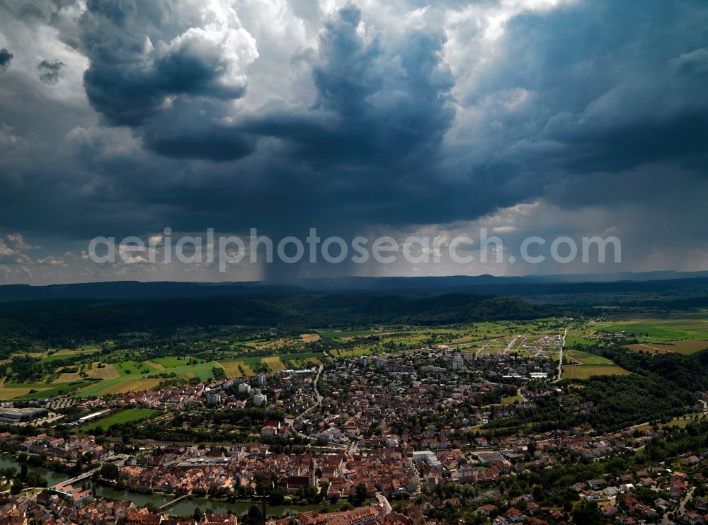 Aerial image Rottenburg - The city of Rottenburg am Neckar in the state of Baden-Württemberg. The city is located in the county of Tübingen. The overview shows the surrounding area of the city and stormy weather