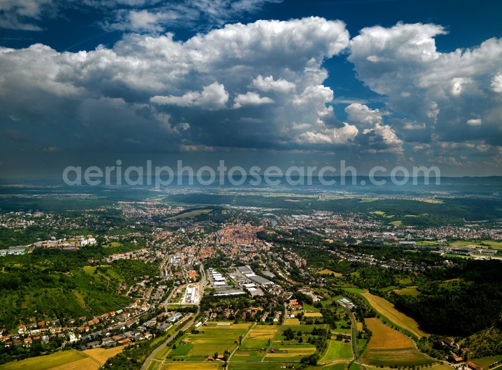 Rottenburg from above - The city of Rottenburg am Neckar in the state of Baden-Württemberg. The city is located in the county of Tübingen. The overview shows the surrounding area of the city and stormy weather