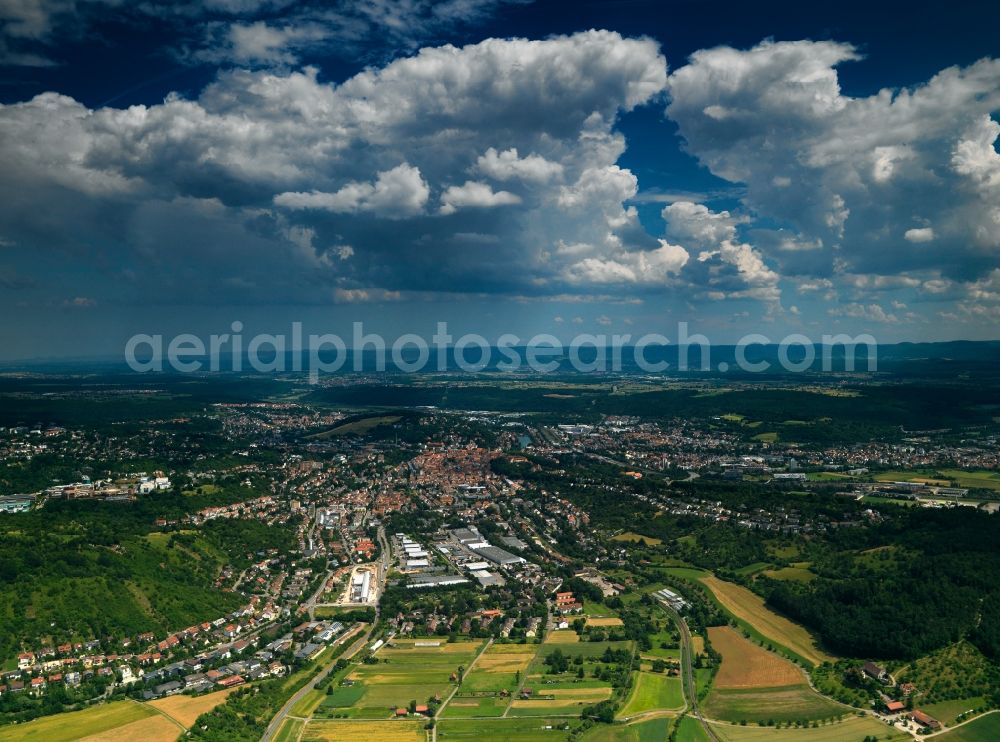 Rottenburg from above - The city of Rottenburg am Neckar in the state of Baden-Württemberg. The city is located in the county of Tübingen. The overview shows the surrounding area of the city and stormy weather