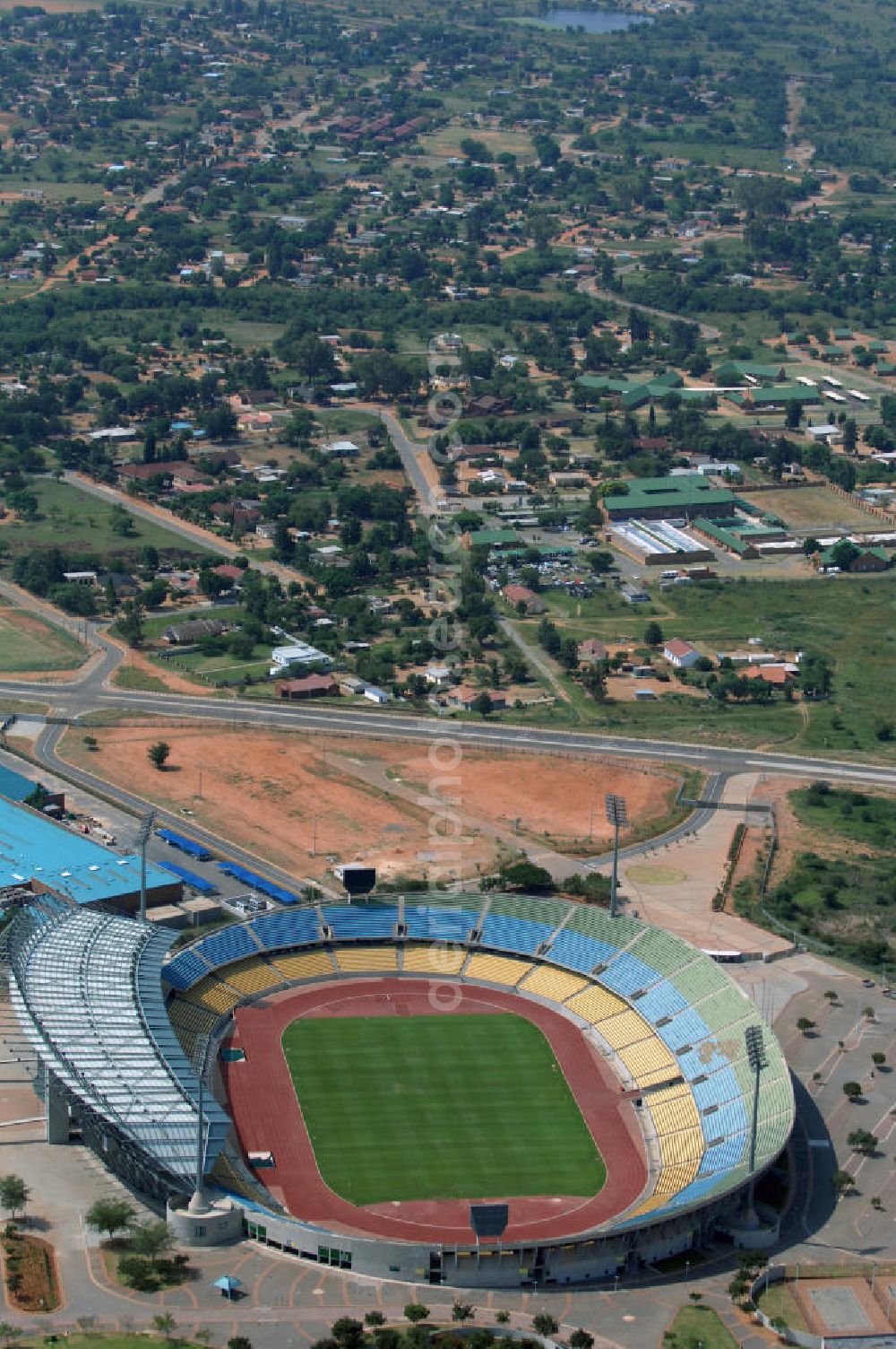 Aerial image Rustenburg - Das Royal-Bafokeng-Stadion (auch Royal Bafokeng Sports Palace) ist ein Sportstadion in Phokeng bei Rustenburg, in der Nordwest Provinz von Südafrika. Das Stadion wurde nach dem Stamm der Royal Bafokeng Nation benannt, in dessen Besitz es sich befindet. Es wurde speziell für die Fußball-Welttmeisterschaft gebaut. View of the Royal Bafokeng Stadium in Rustenburg in the North West Province South Africa for the FI??????????????????