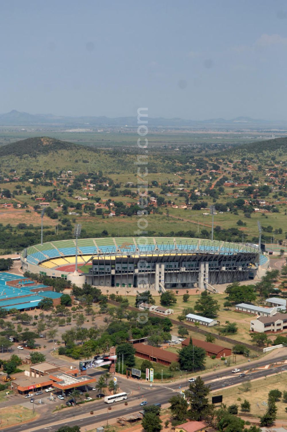 Aerial image Rustenburg - Das Royal-Bafokeng-Stadion (auch Royal Bafokeng Sports Palace) ist ein Sportstadion in Phokeng bei Rustenburg, in der Nordwest Provinz von Südafrika. Das Stadion wurde nach dem Stamm der Royal Bafokeng Nation benannt, in dessen Besitz es sich befindet. Es wurde speziell für die Fußball-Welttmeisterschaft gebaut. View of the Royal Bafokeng Stadium in Rustenburg in the North West Province South Africa for the FIFA World Cup 2010.