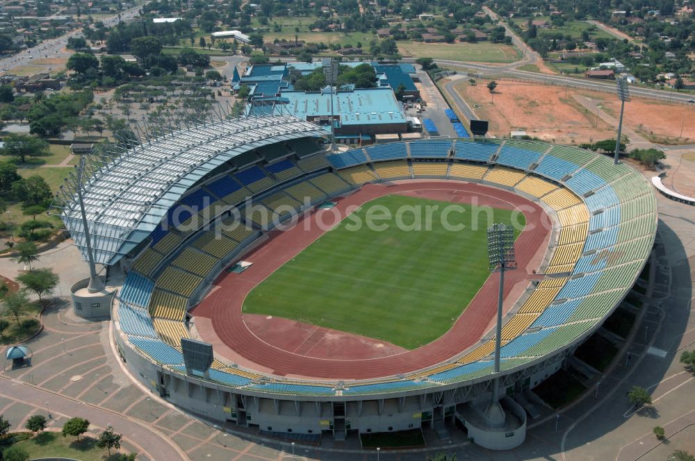 Rustenburg from the bird's eye view: Das Royal-Bafokeng-Stadion (auch Royal Bafokeng Sports Palace) ist ein Sportstadion in Phokeng bei Rustenburg, in der Nordwest Provinz von Südafrika. Das Stadion wurde nach dem Stamm der Royal Bafokeng Nation benannt, in dessen Besitz es sich befindet. Es wurde speziell für die Fußball-Welttmeisterschaft gebaut. View of the Royal Bafokeng Stadium in Rustenburg in the North West Province South Africa for the FI??????????????????