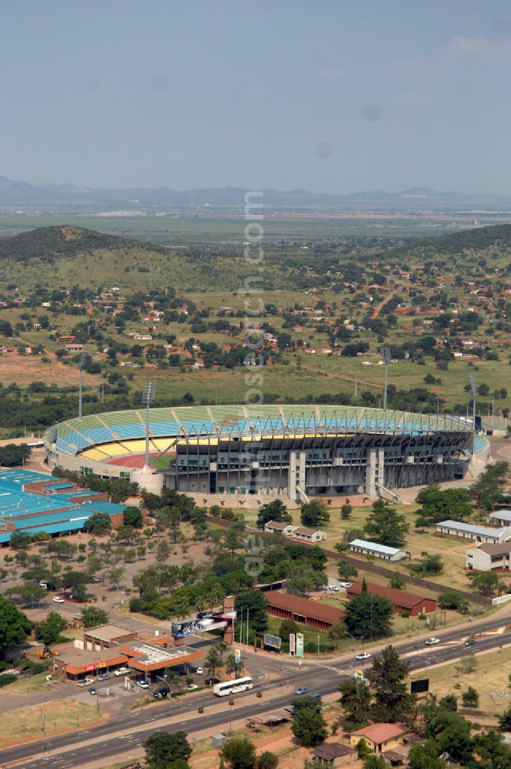 Rustenburg from the bird's eye view: Das Royal-Bafokeng-Stadion (auch Royal Bafokeng Sports Palace) ist ein Sportstadion in Phokeng bei Rustenburg, in der Nordwest Provinz von Südafrika. View of the Royal Bafokeng Stadium in Rustenburg in the North West Province South Africa for the FIFA World Cup 2010.