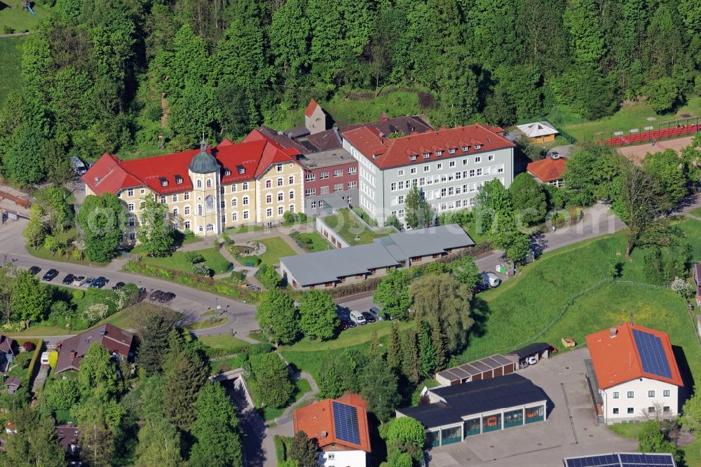 Bad Tölz from above - Hospital grounds of the rehabilitation center ReAL Isarwinkel in Bad Toelz in the state Bavaria, Germany