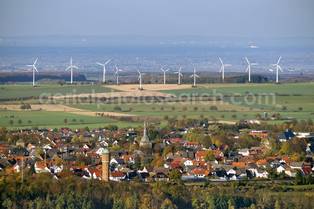 Aerial image Rüthen - Ruethen with the churches Johanneskirche and Nikolauskirche and the water tower in the Sauerland region of North Rhine-Westphalia