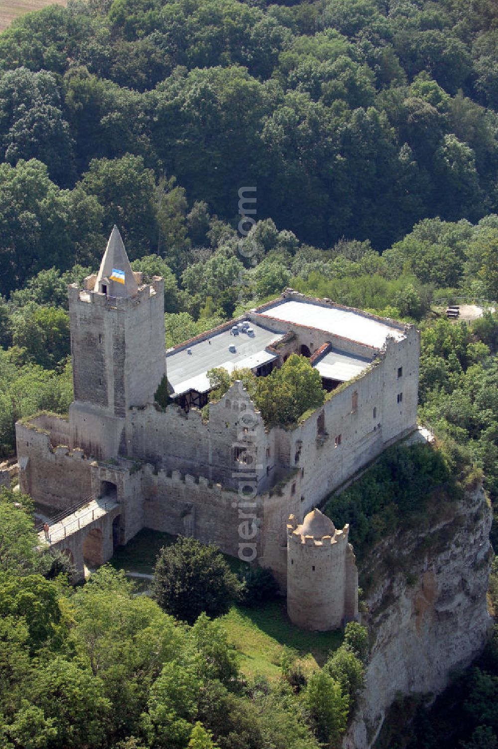 Bad Kösen from the bird's eye view: Auf steilem Kalkfelsen liegt die heutige Ruine der Rudelsburg, erstmals erwähnt 1172, über der Saale, sie hatte, ebenso wie die benachbarte Burg Saaleck, die Aufgabe, das hier verengte Saaletal zu schützen. Tel.: 034463-27325