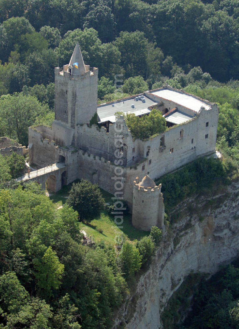 Aerial image Bad Kösen - Auf steilem Kalkfelsen liegt die heutige Ruine der Rudelsburg, erstmals erwähnt 1172, über der Saale, sie hatte, ebenso wie die benachbarte Burg Saaleck, die Aufgabe, das hier verengte Saaletal zu schützen. Tel.: 034463-27325