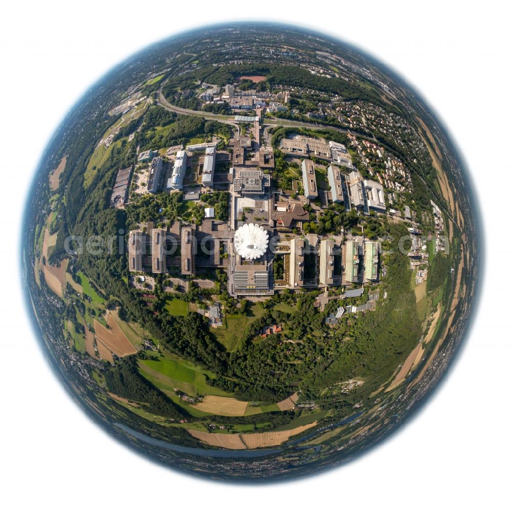 Bochum from the bird's eye view: Fisheye- View of the campus of the RUB University of Bochum in North Rhine-Westphalia