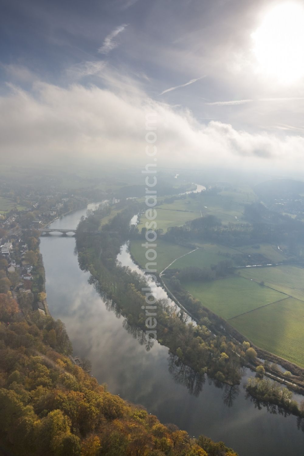 Mülheim an der Ruhr from the bird's eye view: Ruhrauen among autumnal clouds at Mülheim in the Ruhr area in North Rhine-Westphalia